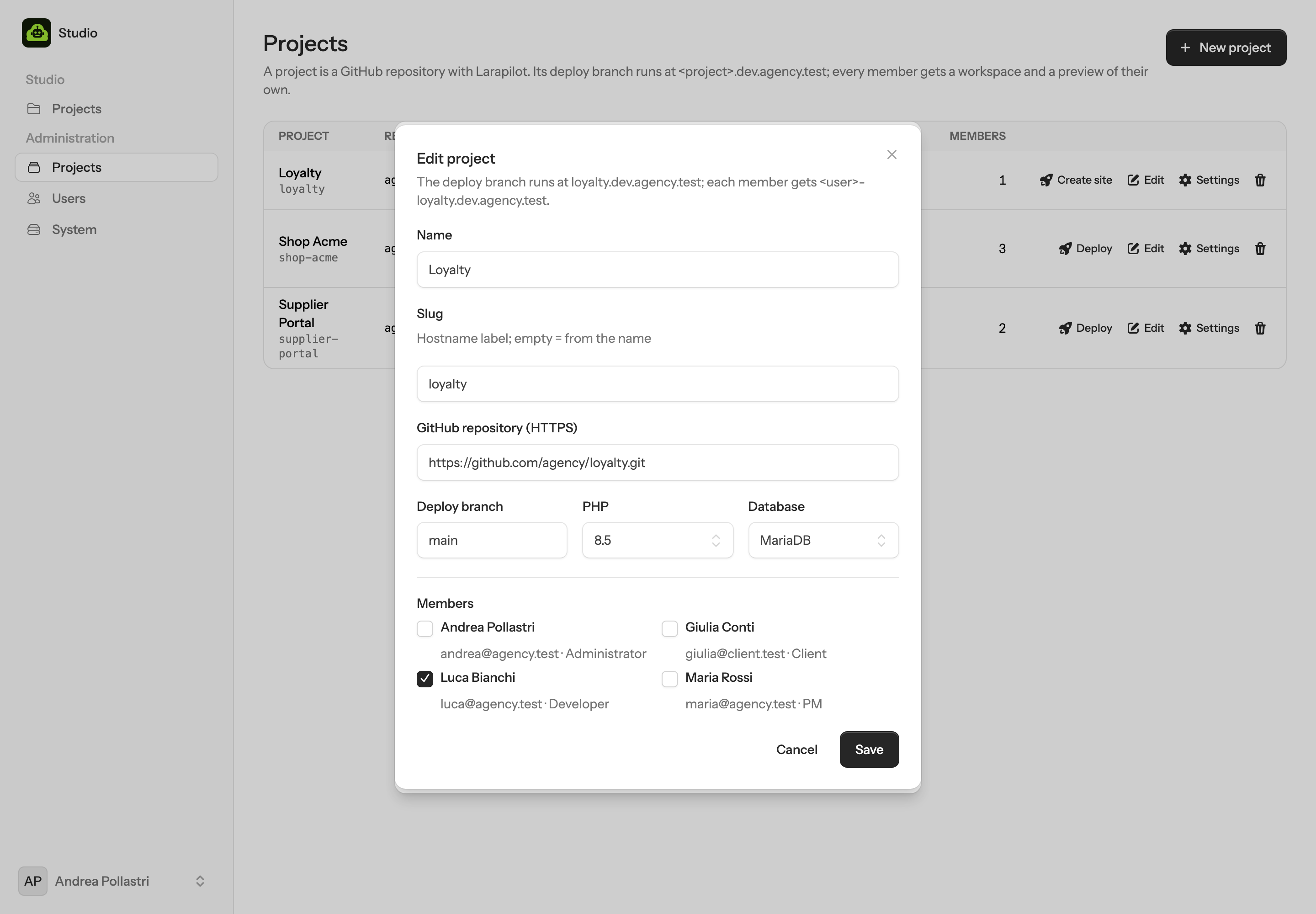 The project form: name, slug, repository, deploy branch, PHP, database, members