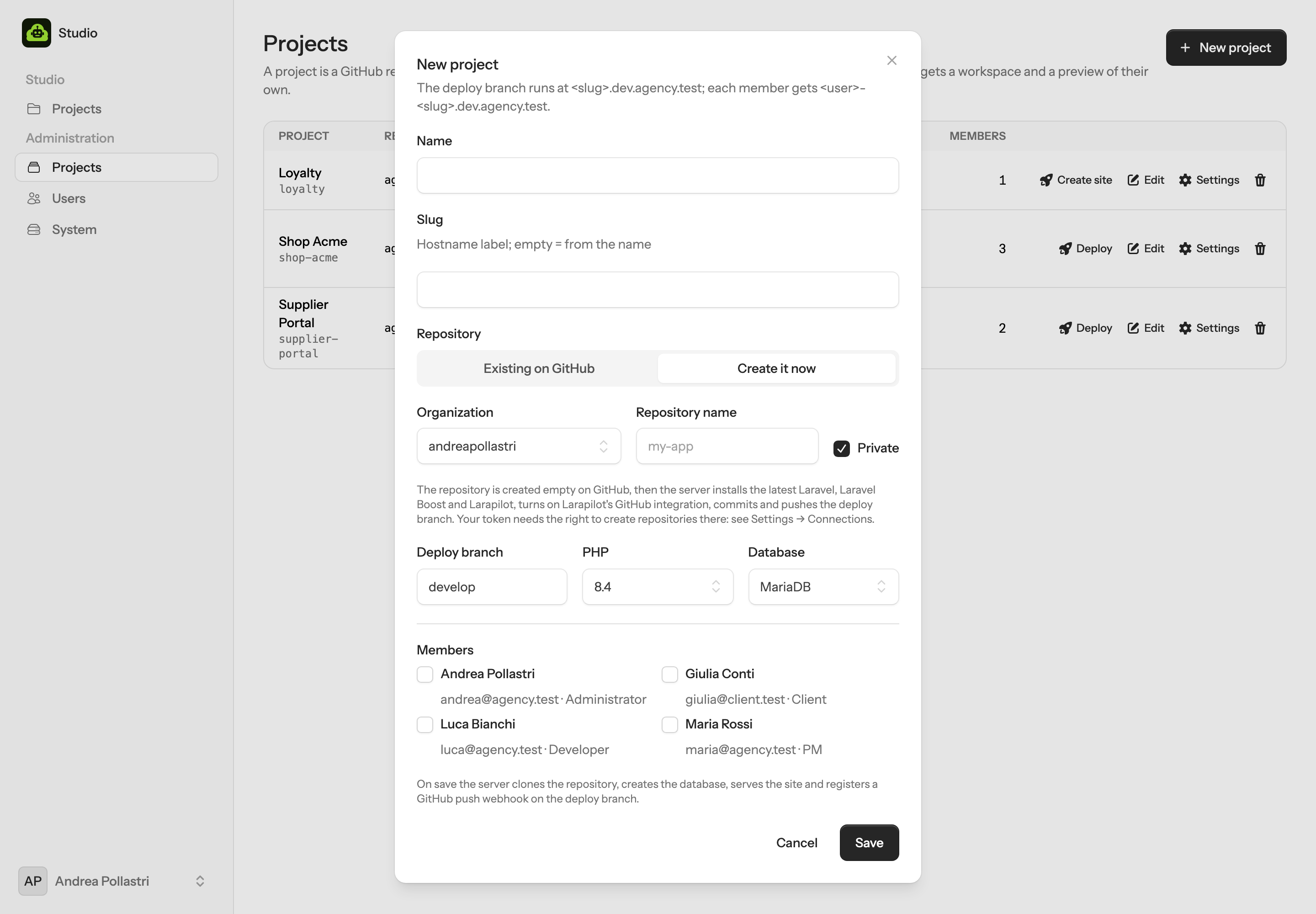 The project form with Create it now selected: owner, repository name, private