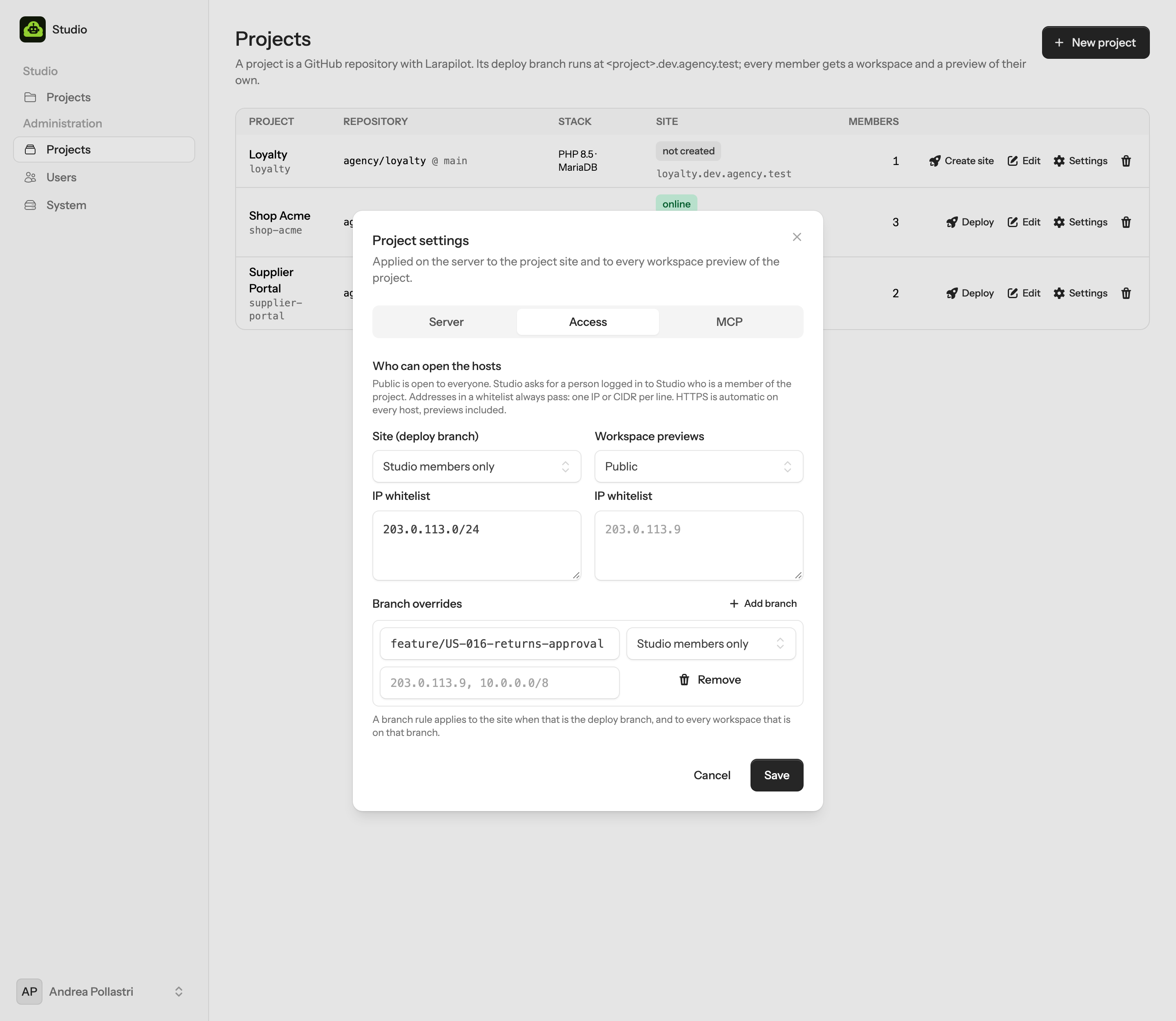 The Access section: the site open to Studio members with an office range whitelisted, previews public, one branch override