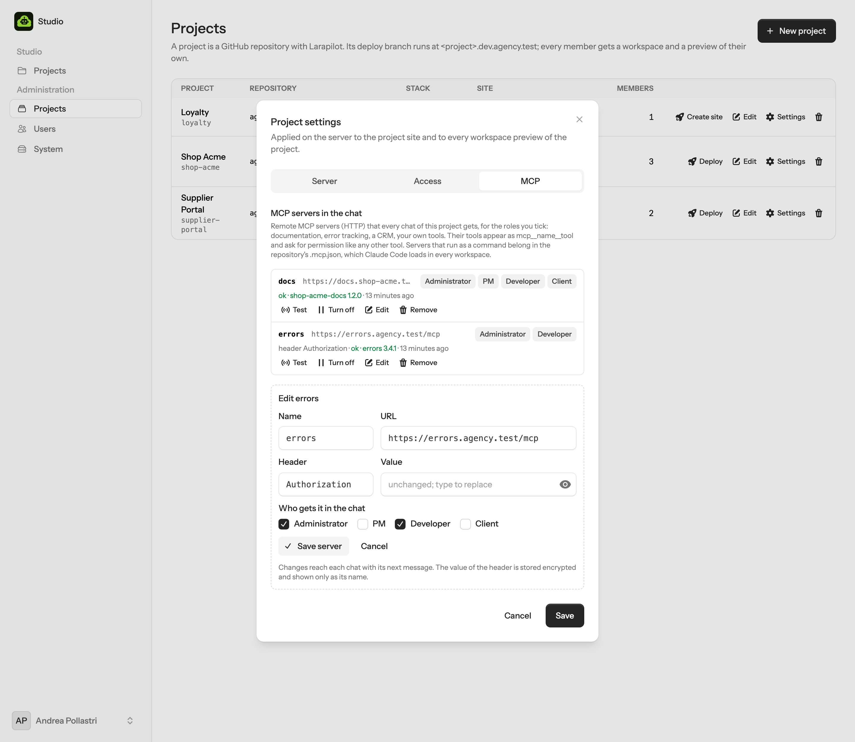 The MCP section of the project settings: two servers with their URL, roles and last test, and the form to edit one