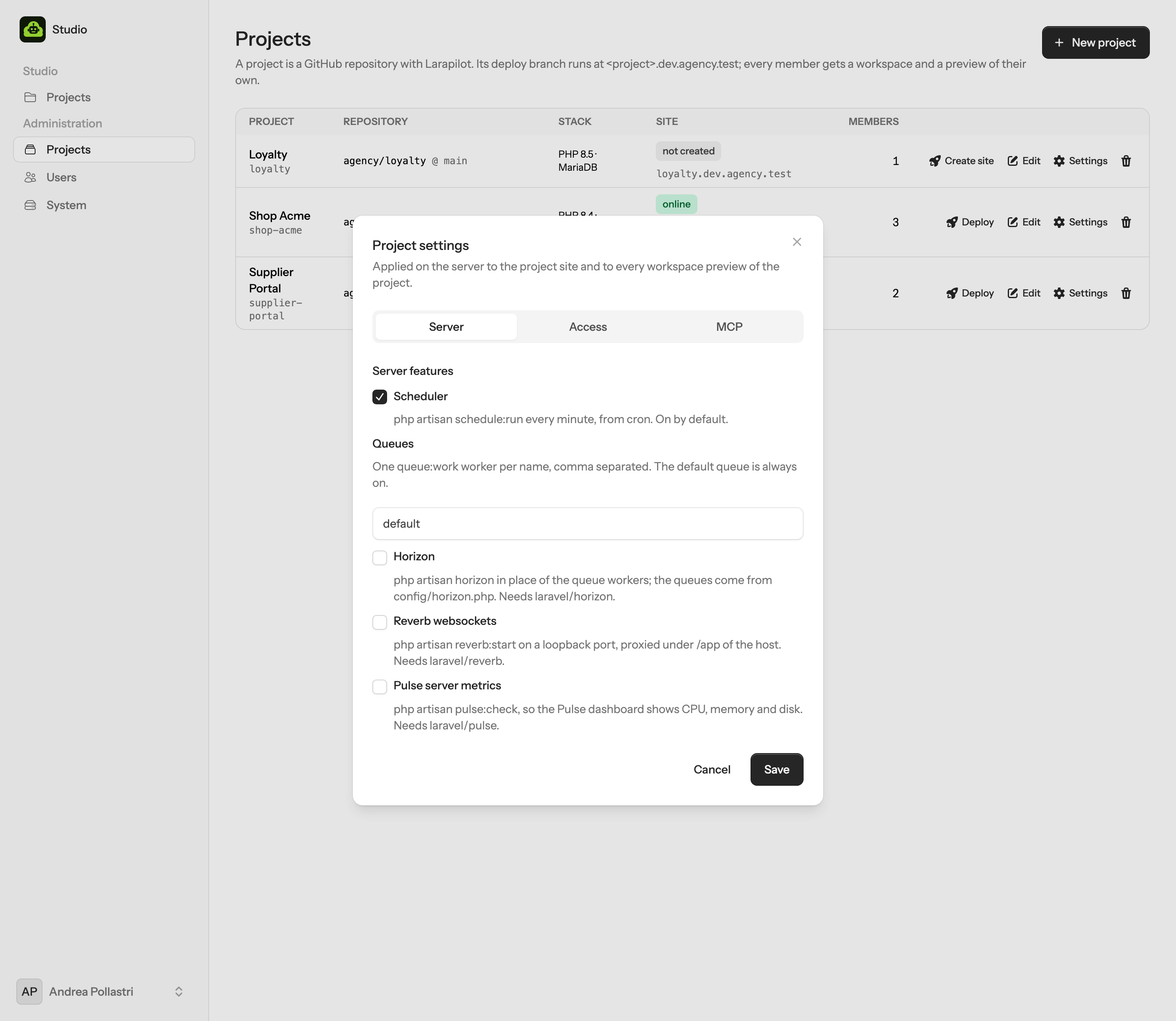 The Server section of the project settings: scheduler, queues, Horizon, Reverb and Pulse