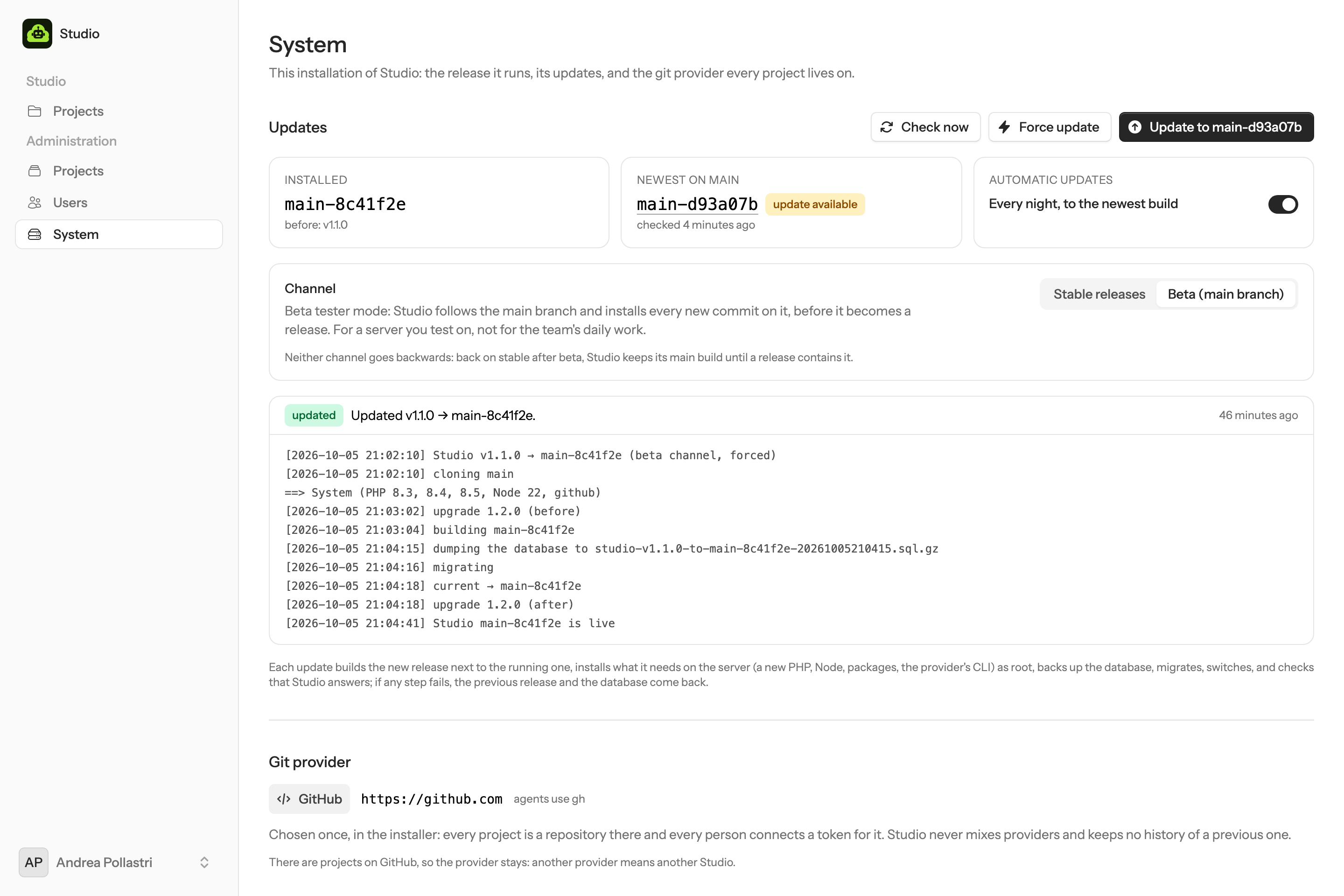 Administration → System in beta tester mode: the newest commit on main, the beta channel selected and its warning