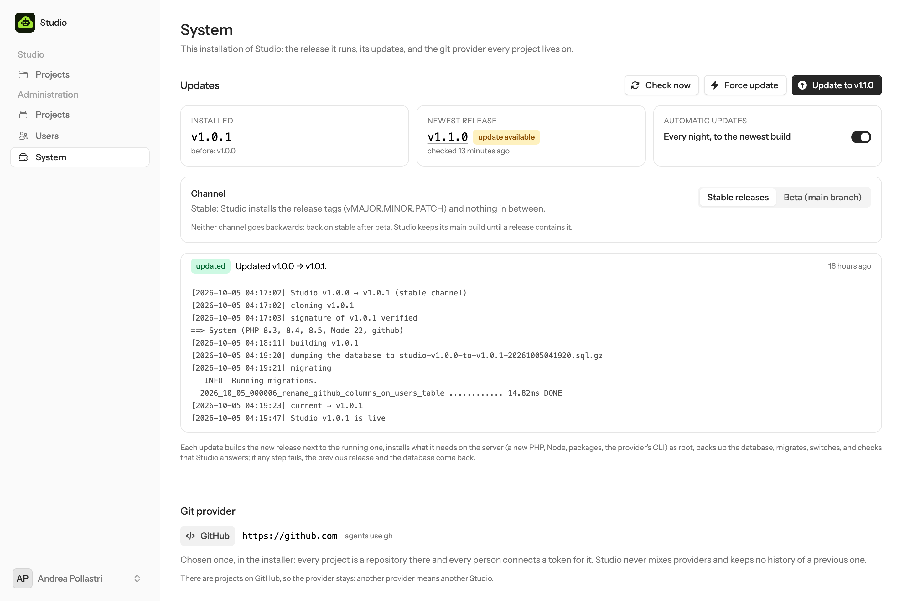 Administration → System: installed and newest release, Check now, Force update and Update buttons, the nightly switch, the channel, the last update with its log, the git provider