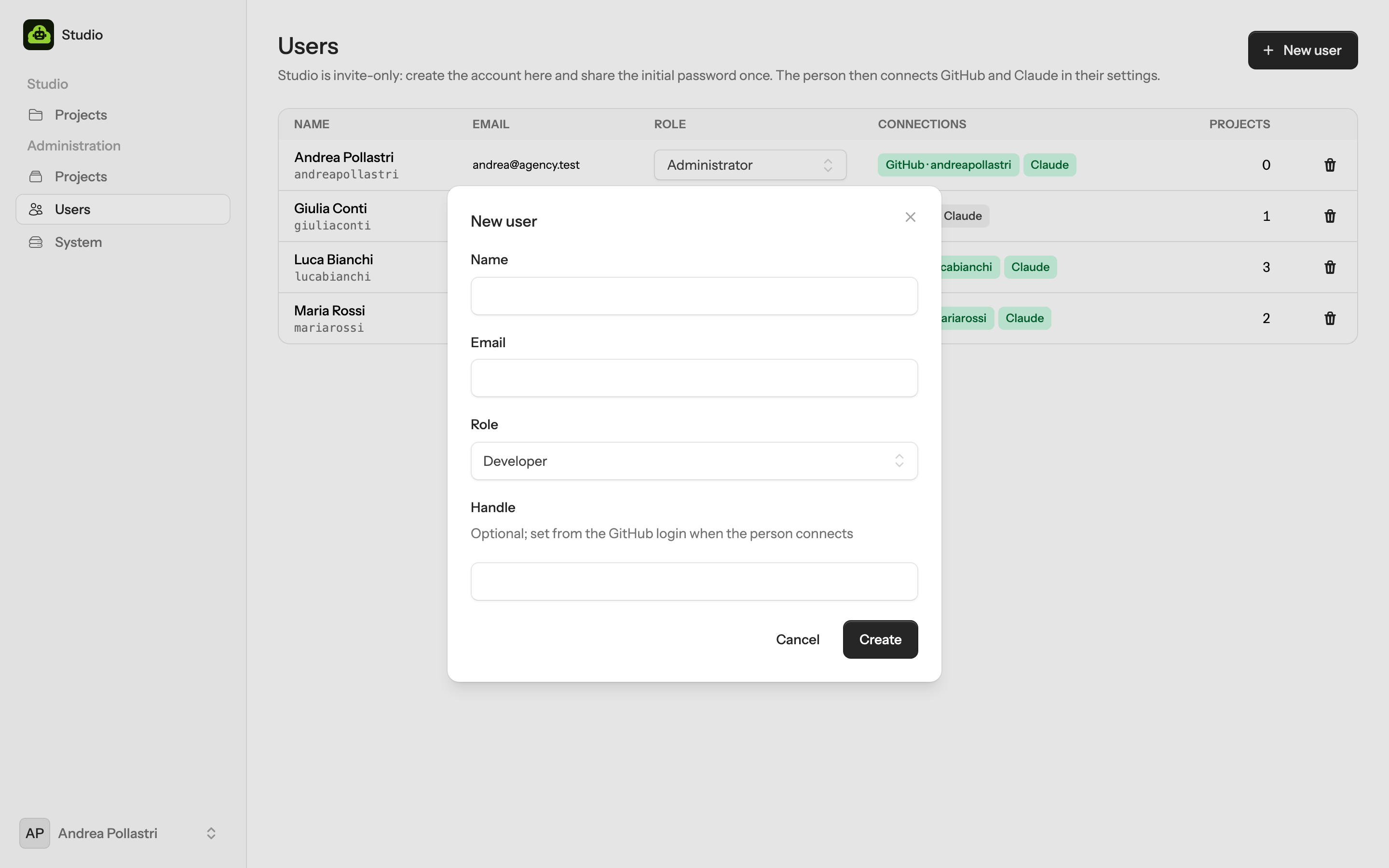 The New user dialog: name, email, role and an optional handle