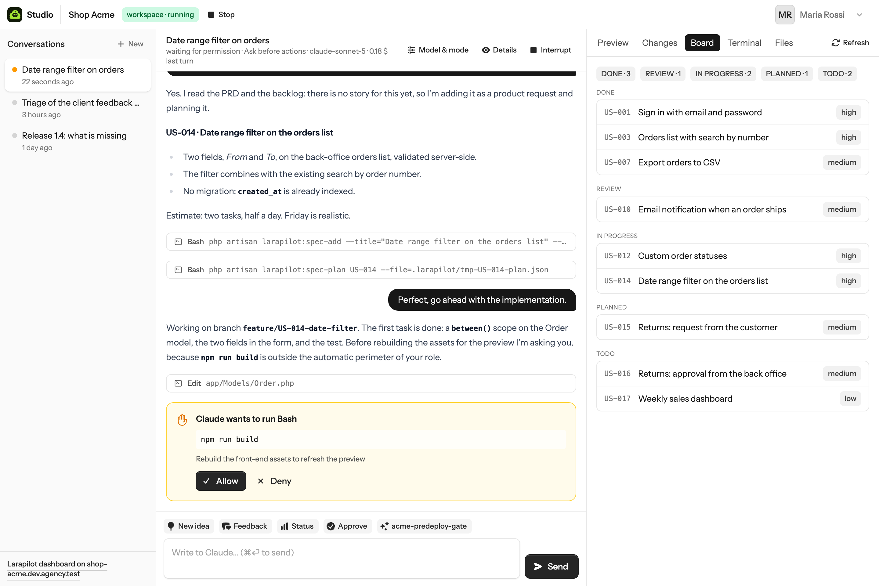 The Board tab listing the backlog by status, read from the staging site