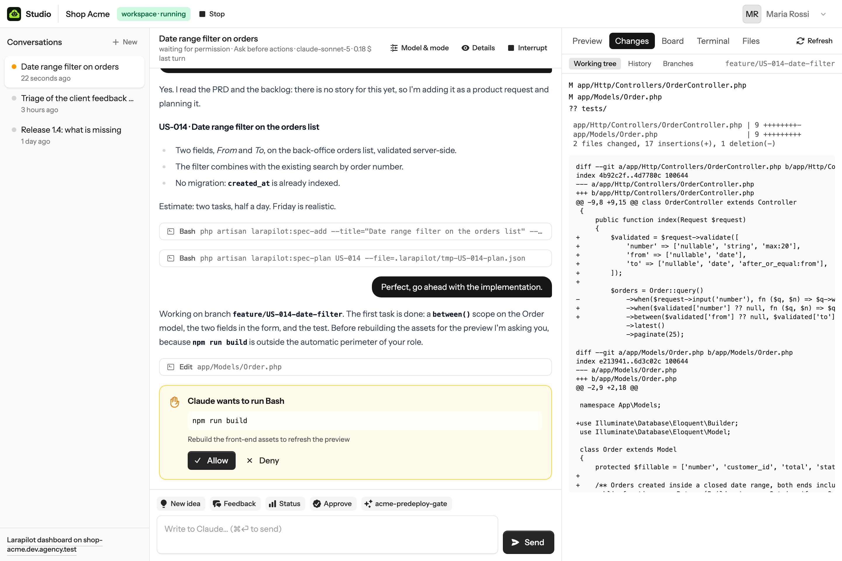 The Changes tab showing the branch, modified files and the diff