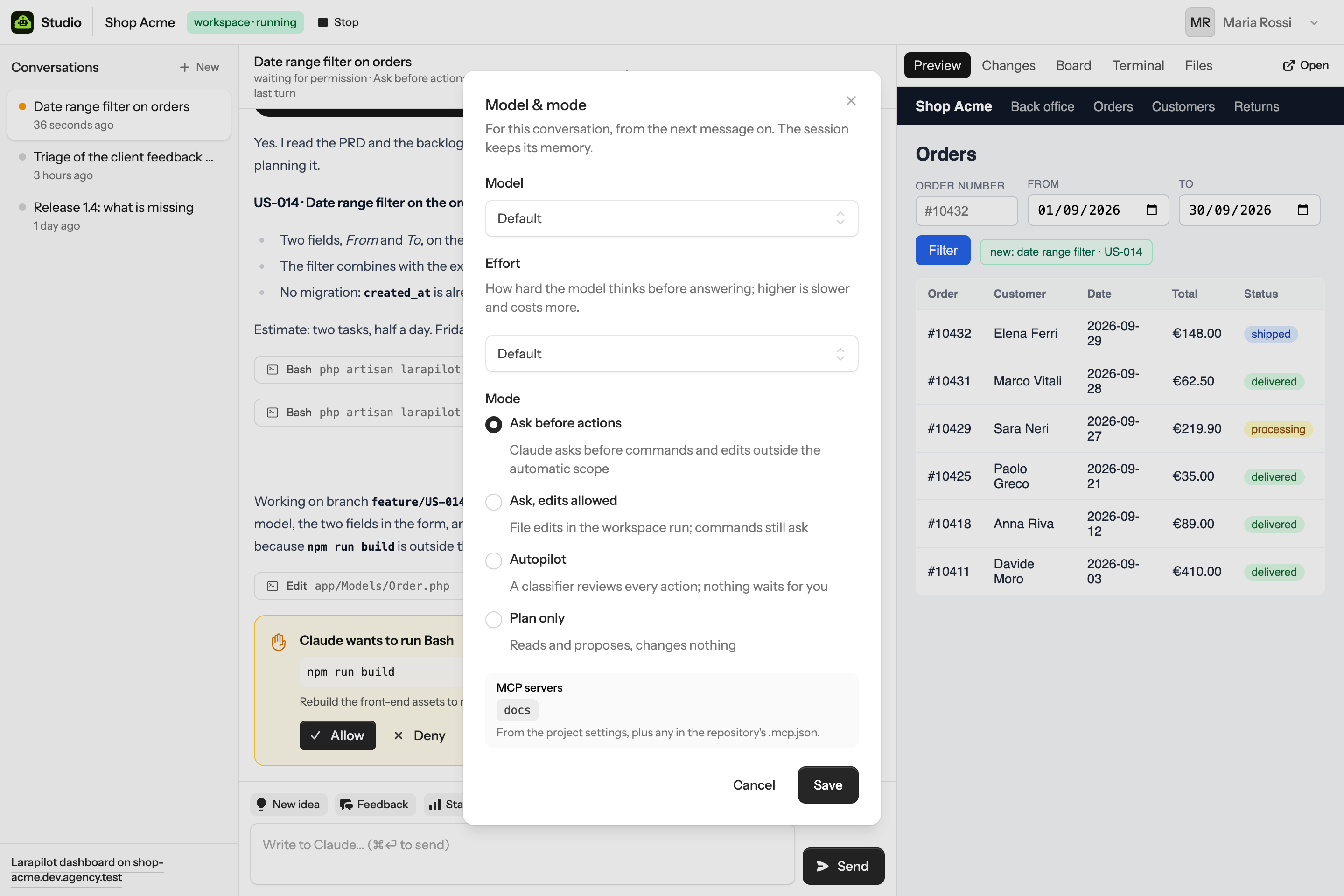 The Model & mode dialog: model select, effort select, four modes