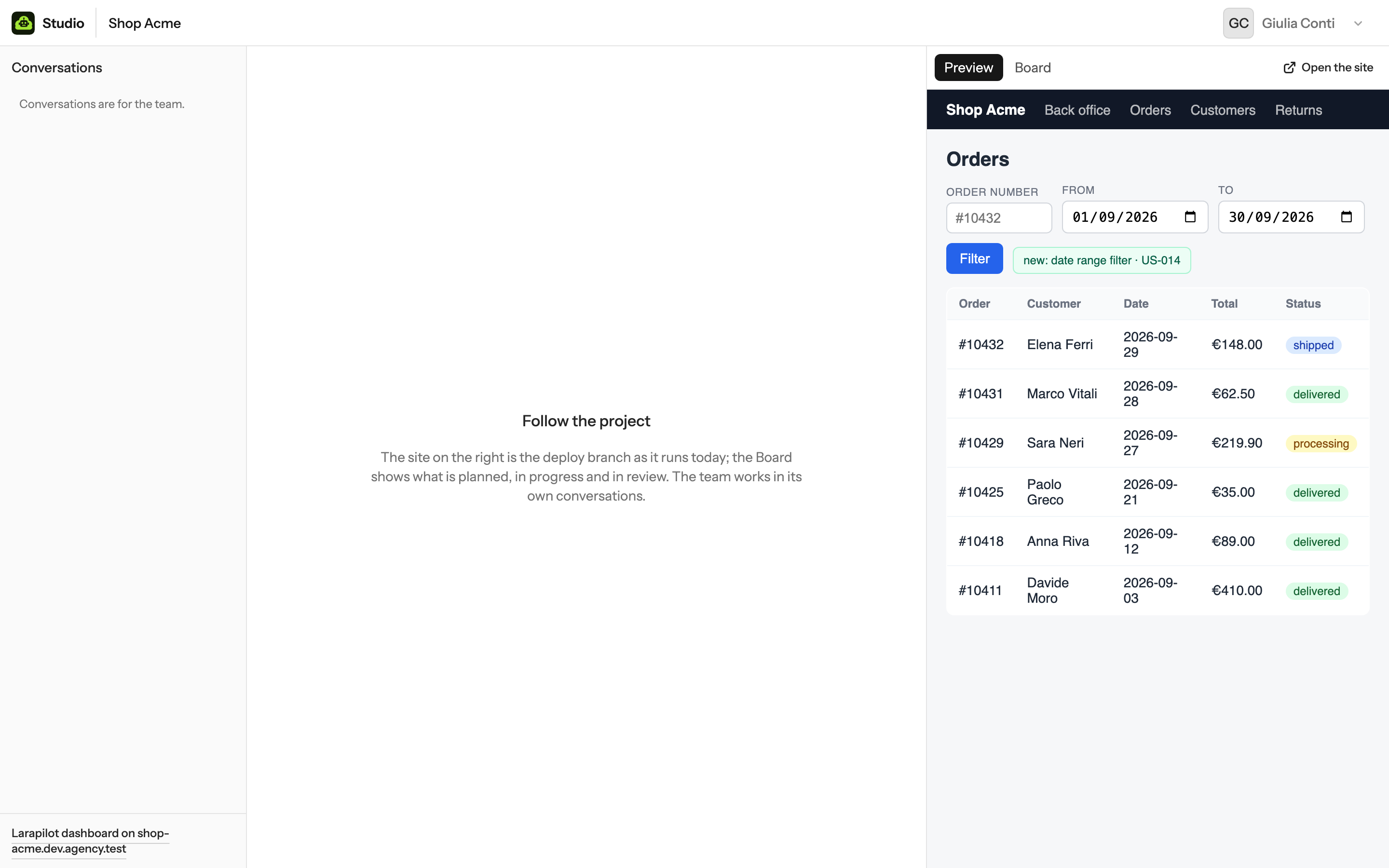 A client's view of the project: no chat, the project site as preview