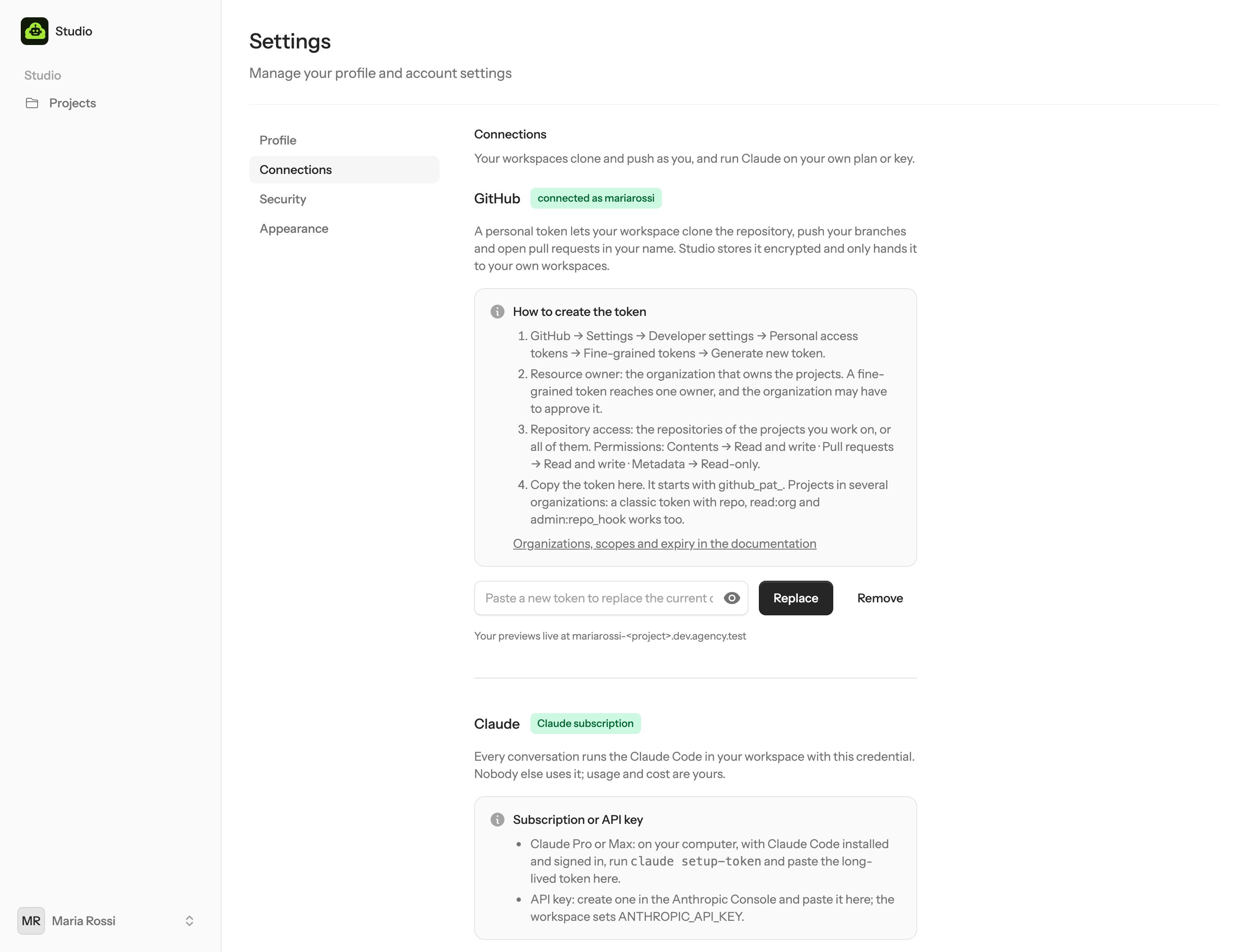 Settings → Connections: the git provider token field with instructions, the Claude credential with its kind