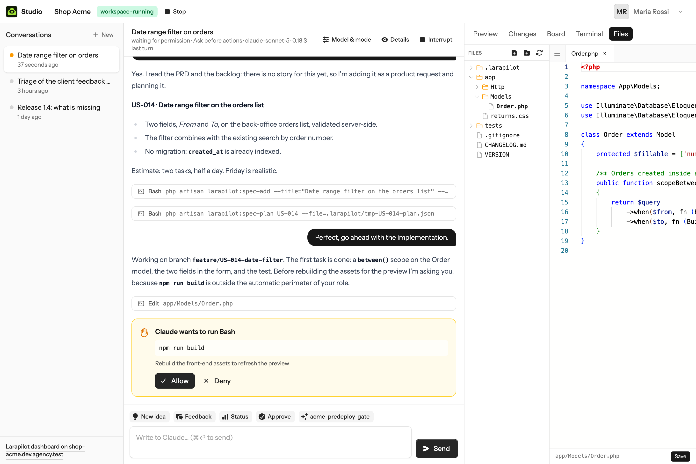 The Files tab: the workspace tree on the left, Order.php open in the editor with PHP highlighting