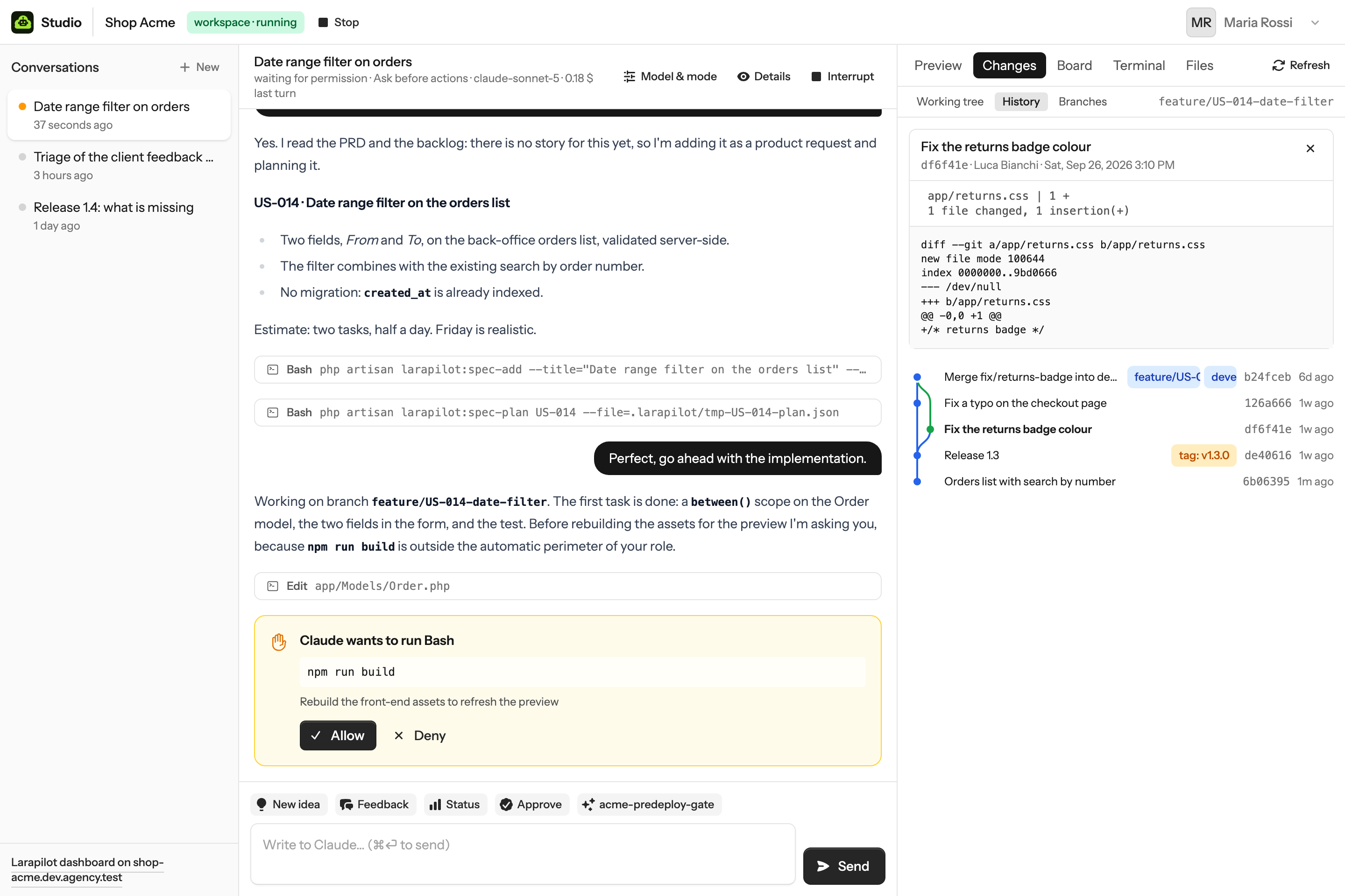 A commit opened from the History: message, author, date, the files it touched and the patch