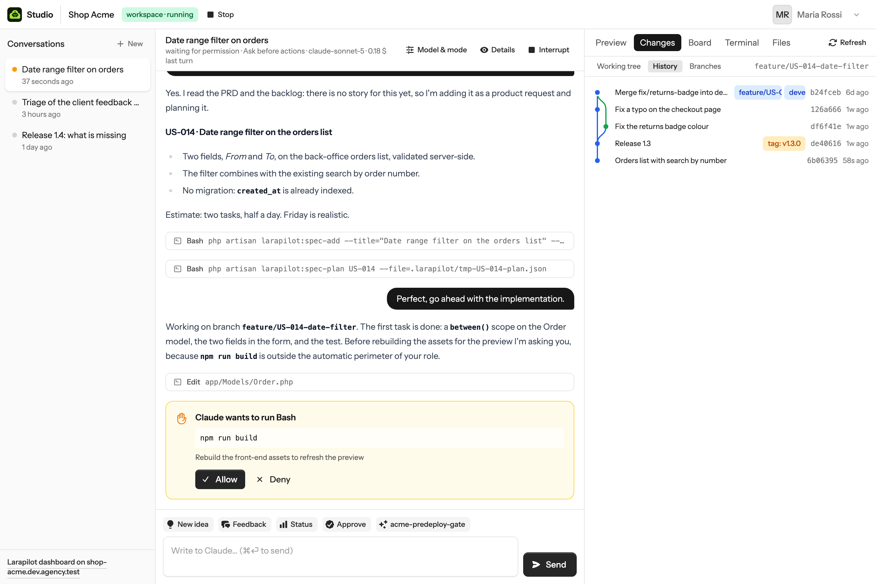 The History view: a commit graph with lanes and merge lines, each commit with its refs, author and age