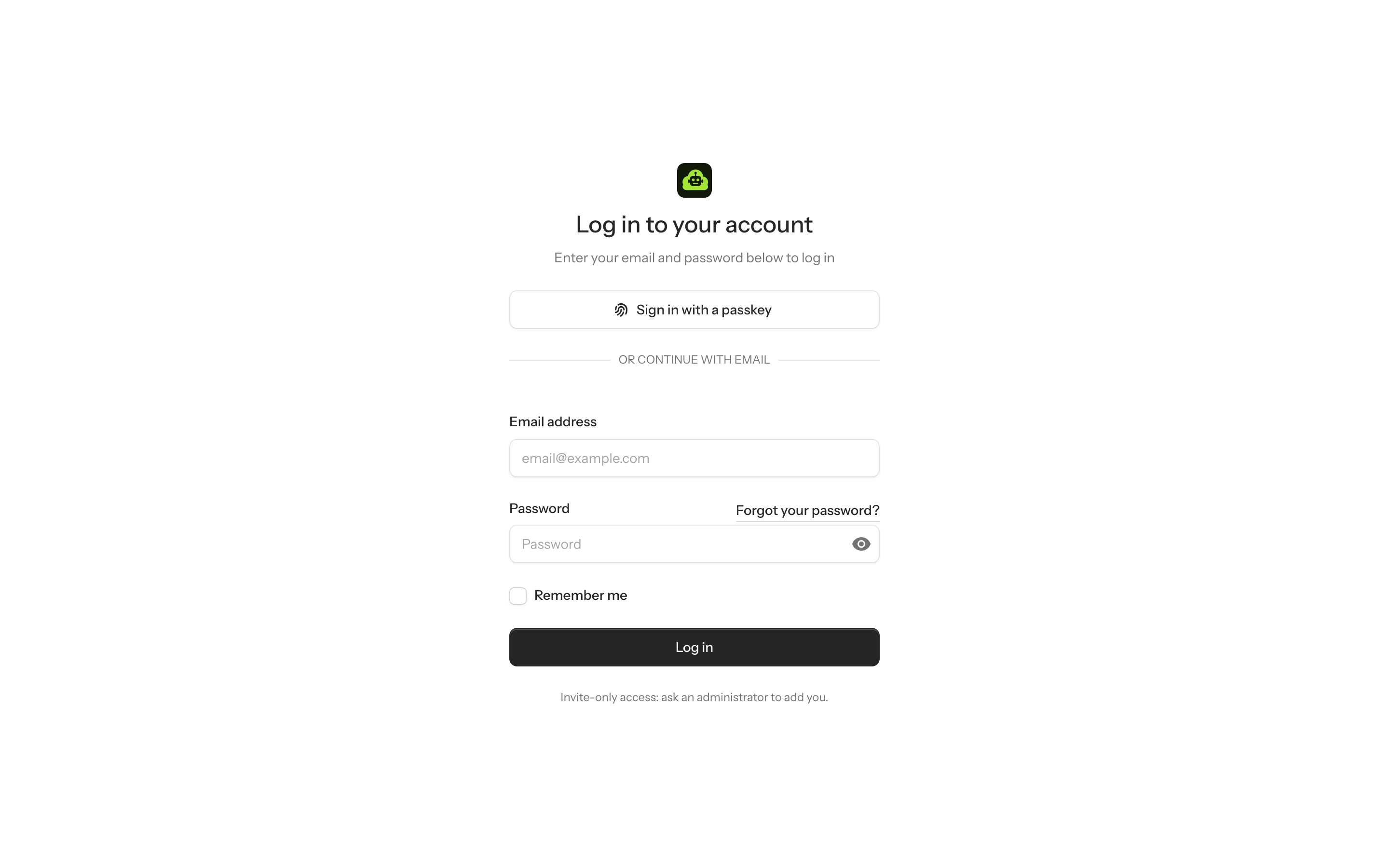 The login page: email, password, the invite-only notice