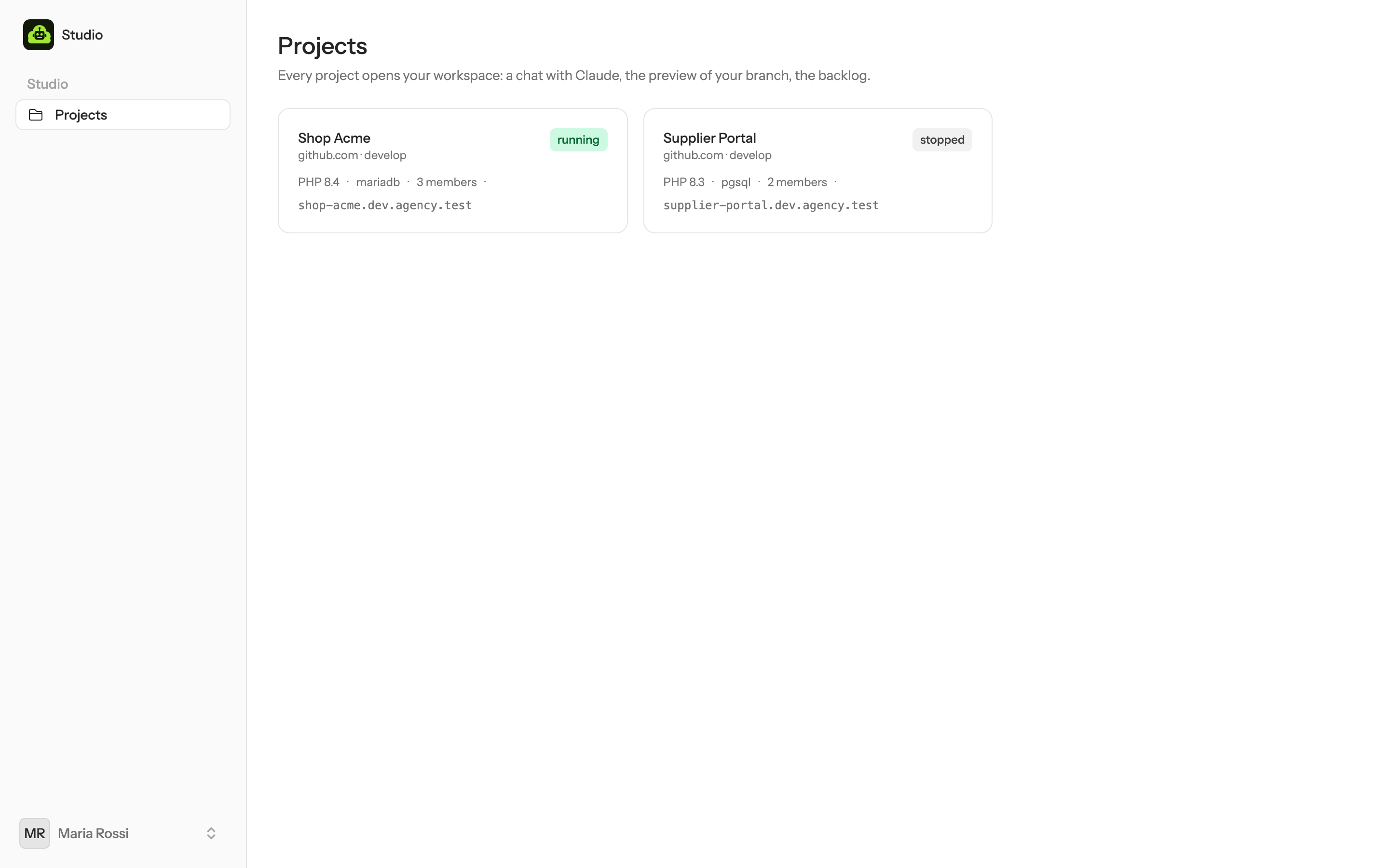The Projects page: two project cards, one with a running workspace