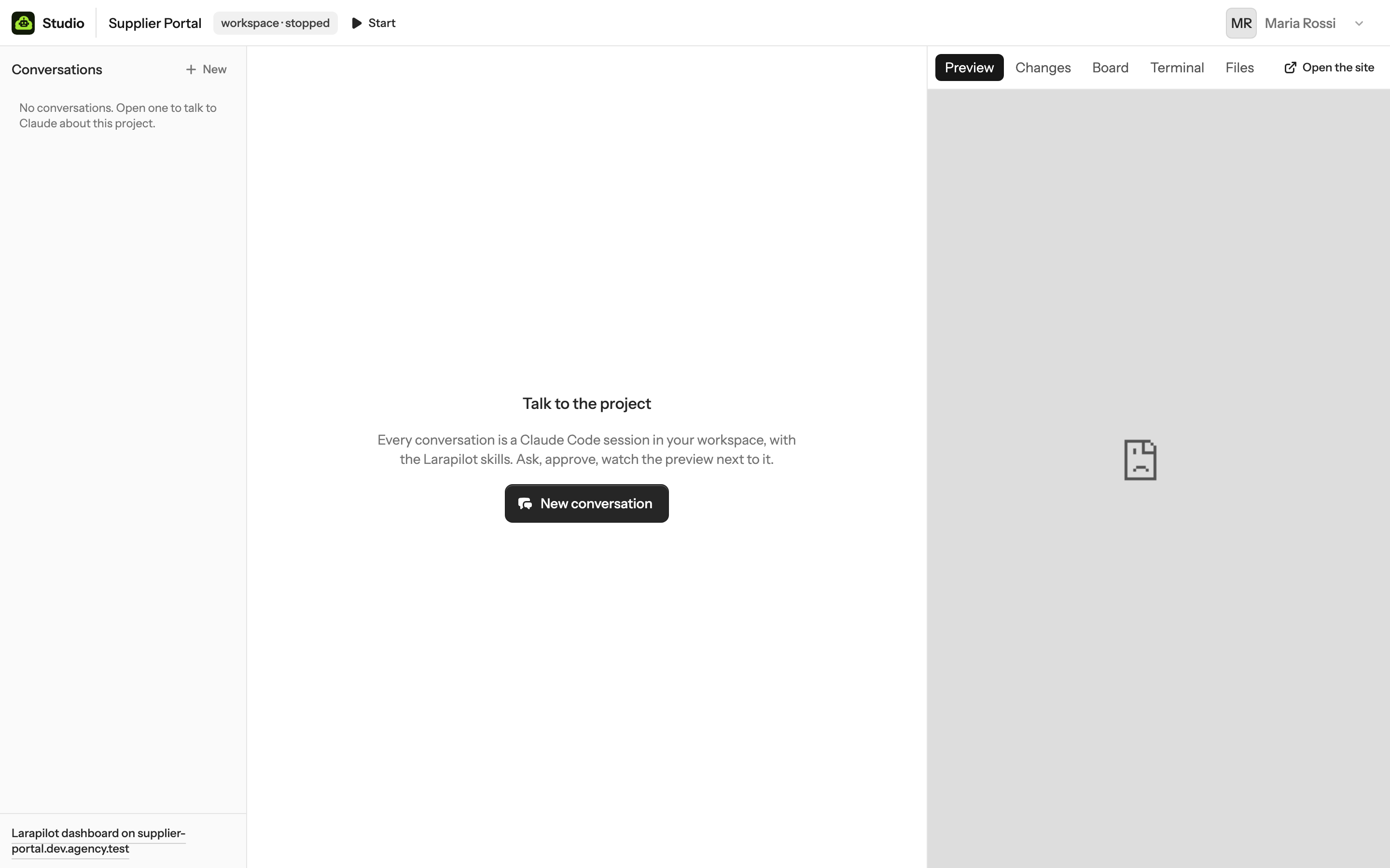 A project opened for the first time: no conversation yet, the workspace pill in the header