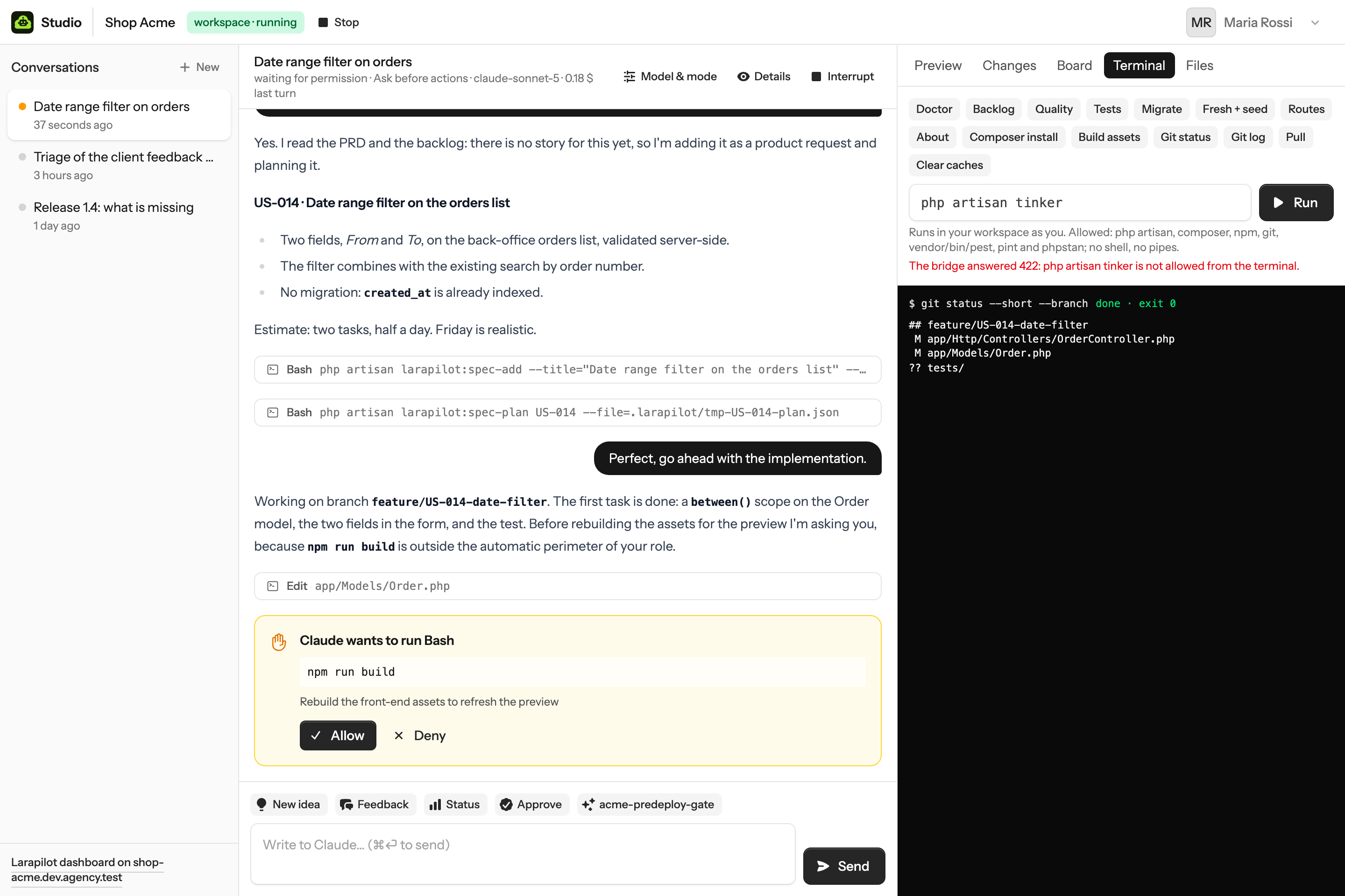 The Terminal refusing a command that is not on the allowlist, with the reason under the field