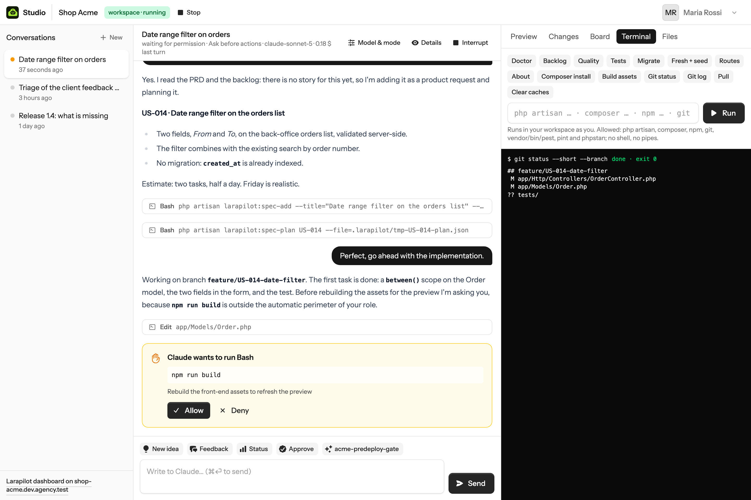 The Terminal tab: shortcut buttons, a command field, the output of git status